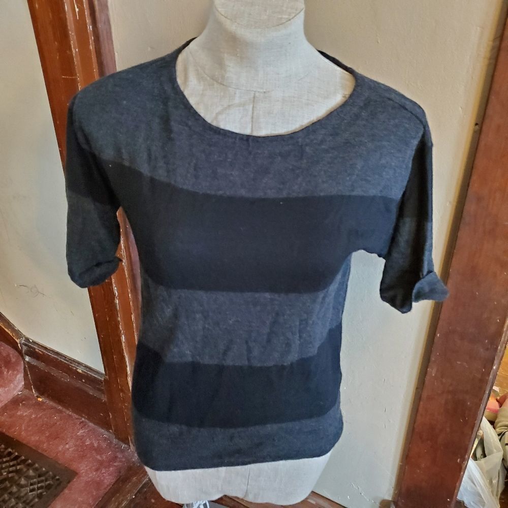Eileen Fisher black&grey striped merino wool top s